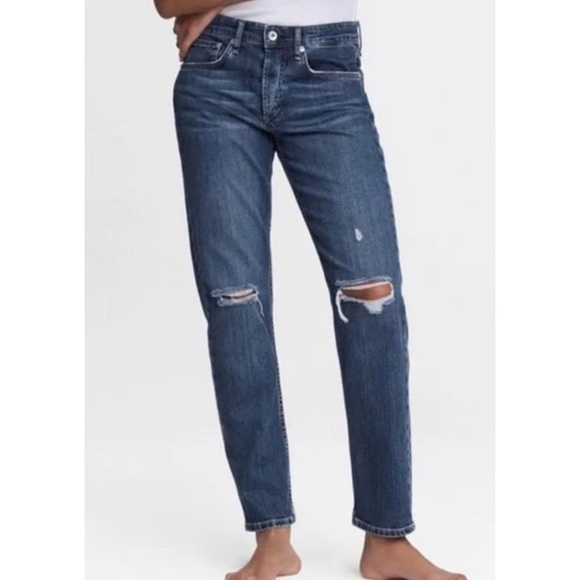 rag & bone Rosa Mid-Rise Boyfriend Straight Jeans Emory Wash Distressed Size 28